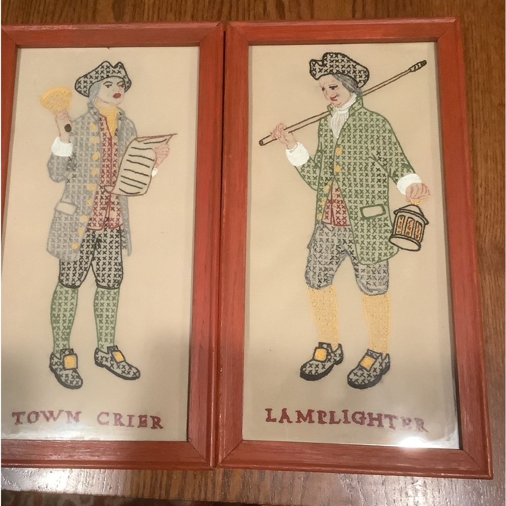 Two Vintage Framed Cross Stitch Pictures- Lamplighter and Town Crier